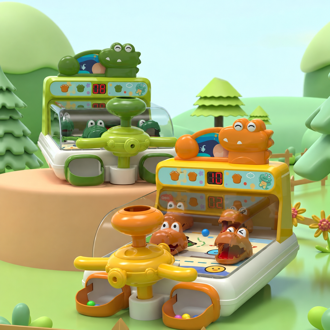 Orange and green crocodile pinball games with rotating launchers and ball collection trays