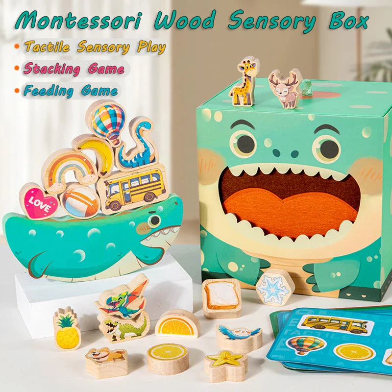 Crocodile play box beside stacked wooden shapes, loose blocks, and picture-matching cards