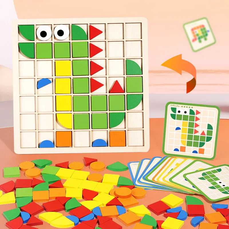 Crocodile pattern on a wooden grid beside its matching picture card and colorful pieces