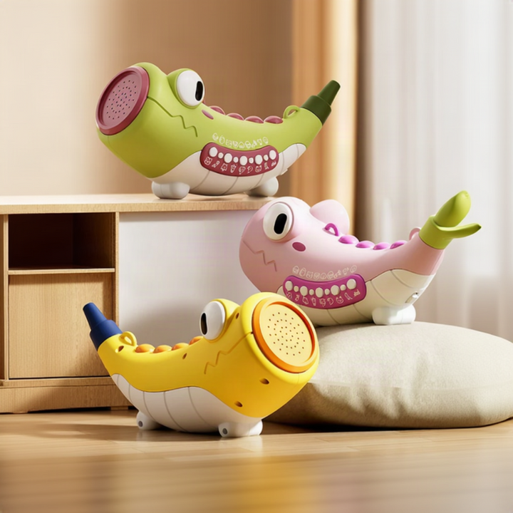 Green, pink and yellow crocodile-shaped sound toys with buttons and horn openings