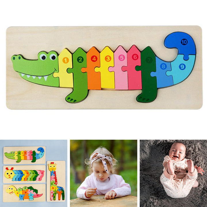 Crocodile puzzle with colorful numbered pieces in a wooden tray