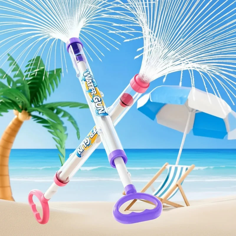Pink and purple water guns crossed in a beach scene with wide sprays of water.
