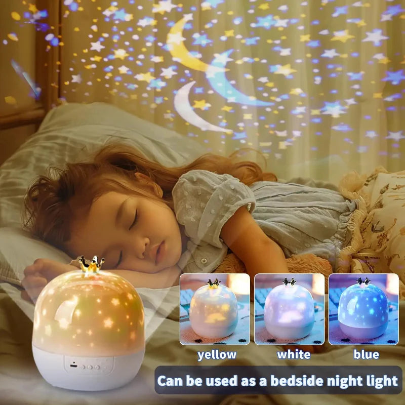 Crown-style bedside night light shown with yellow, white, and blue light settings beneath stars and moons.