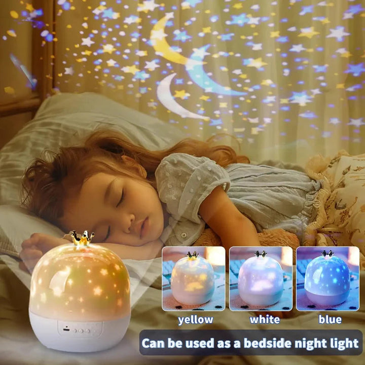 Crown-style bedside night light shown with yellow, white, and blue light settings beneath stars and moons.