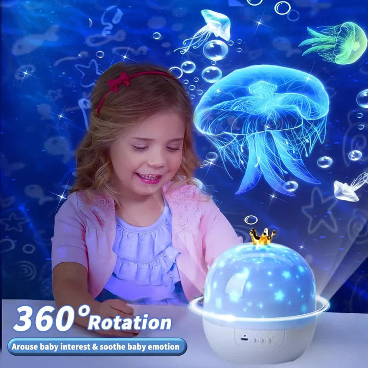 Child beside the crown-style night light beneath blue jellyfish projections.