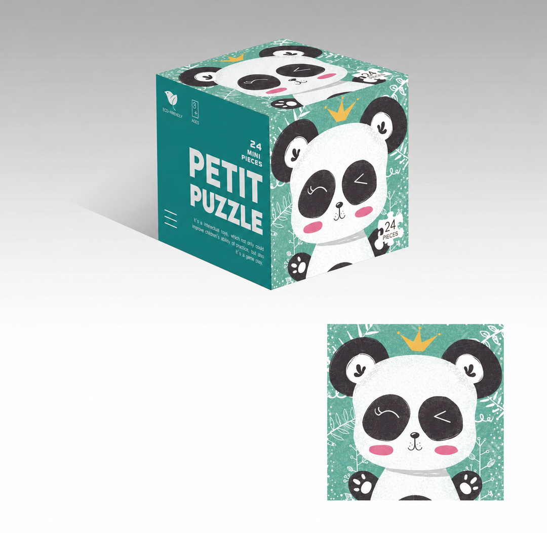 Crowned panda jigsaw puzzle with a green background and a matching cube box
