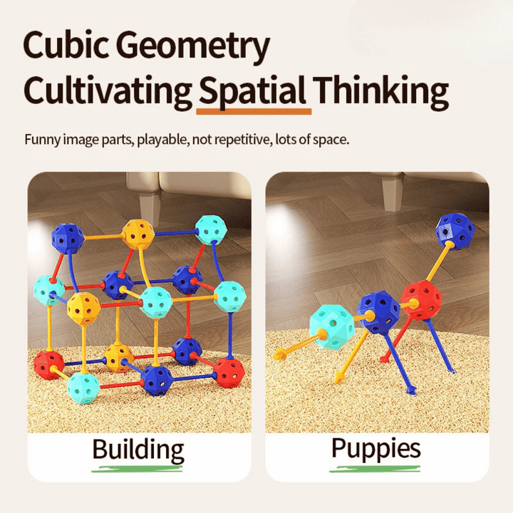 Cube and dog-shaped models made from colorful balls and connecting sticks