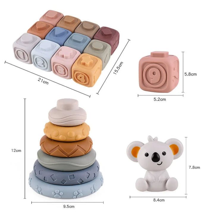 Measurement chart for stacking cubes, a ring tower, and a koala figure
