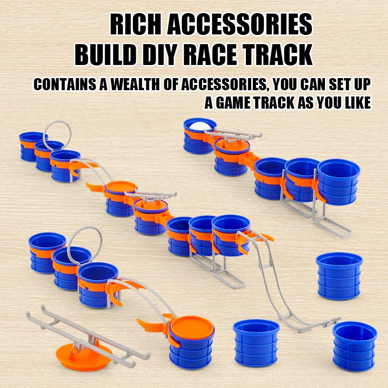 Three course arrangements made with blue cups, orange connectors and gray track pieces
