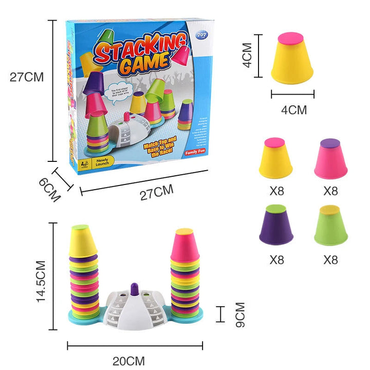Measurement chart showing 32 cups in four colors, the game base, and a 27 x 6 x 27 cm box
