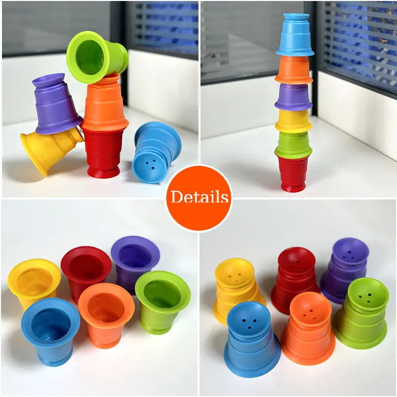 Silicone cups showing stacked towers, wall arrangements, openings, and drainage holes