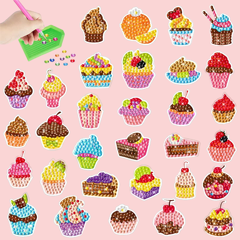 Cupcake and cake diamond painting stickers in colorful dessert designs