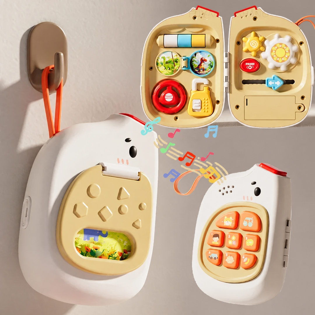 White activity case shown open and closed with orange sound buttons and colorful busy-board controls
