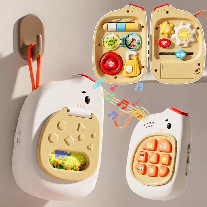 White activity case shown open and closed with orange sound buttons and colorful busy-board controls