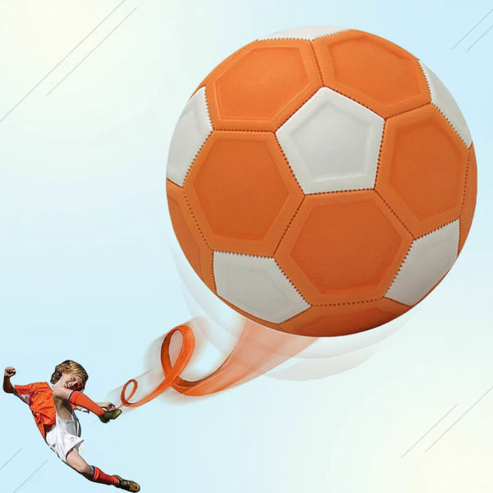Orange-and-white soccer ball with a graphic of a child kicking a curved shot.