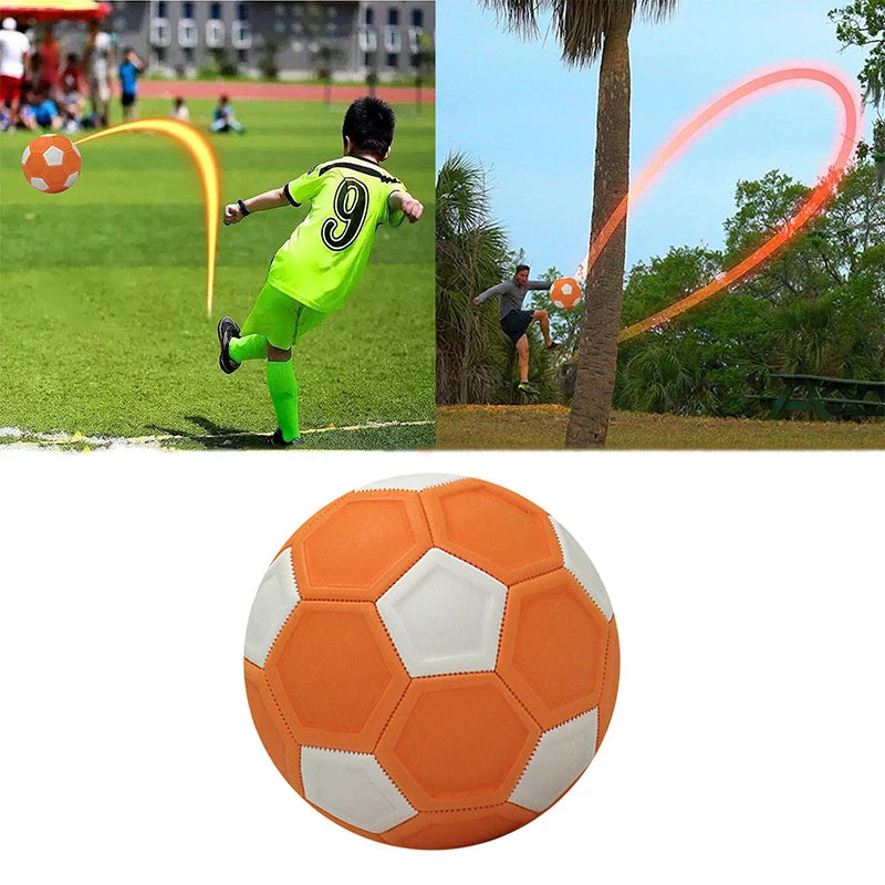 Orange-and-white soccer ball below two outdoor scenes illustrating curved kicks.
