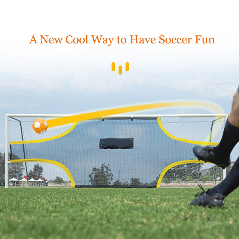 Soccer goal and kicking foot with an illustrated yellow path tracing the ball&