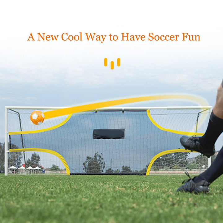 Soccer goal and kicking foot with an illustrated yellow path tracing the ball&