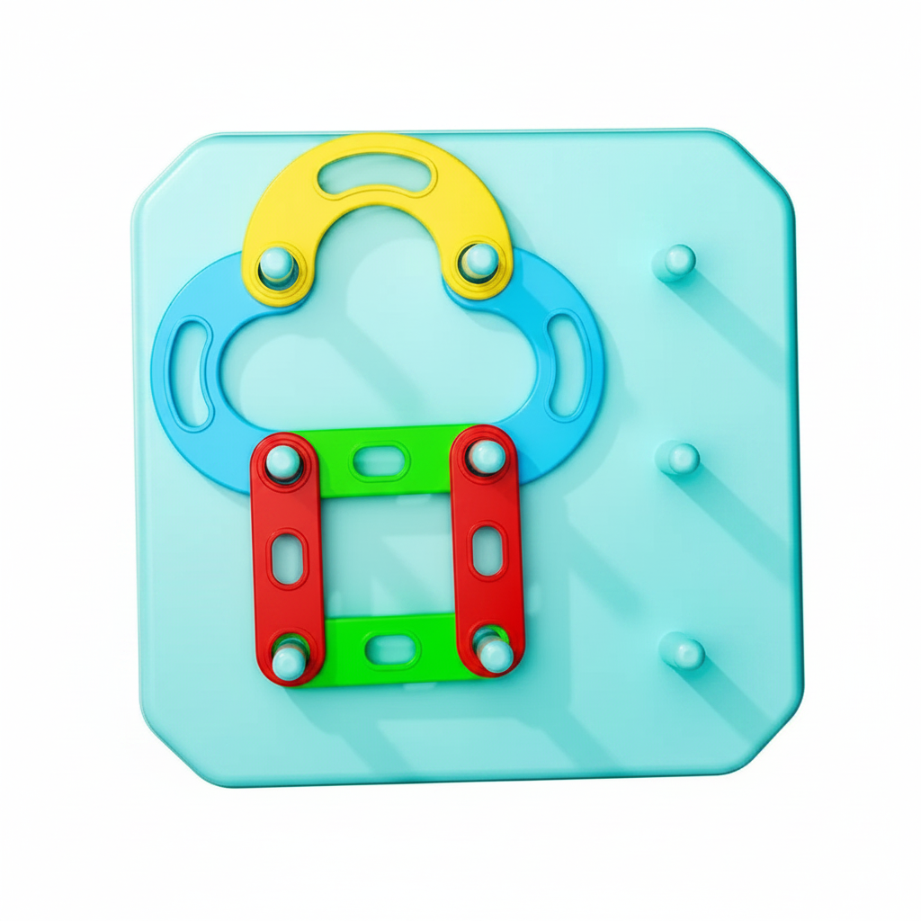 Turquoise pegboard with a design made from blue and yellow curves and red and green bars
