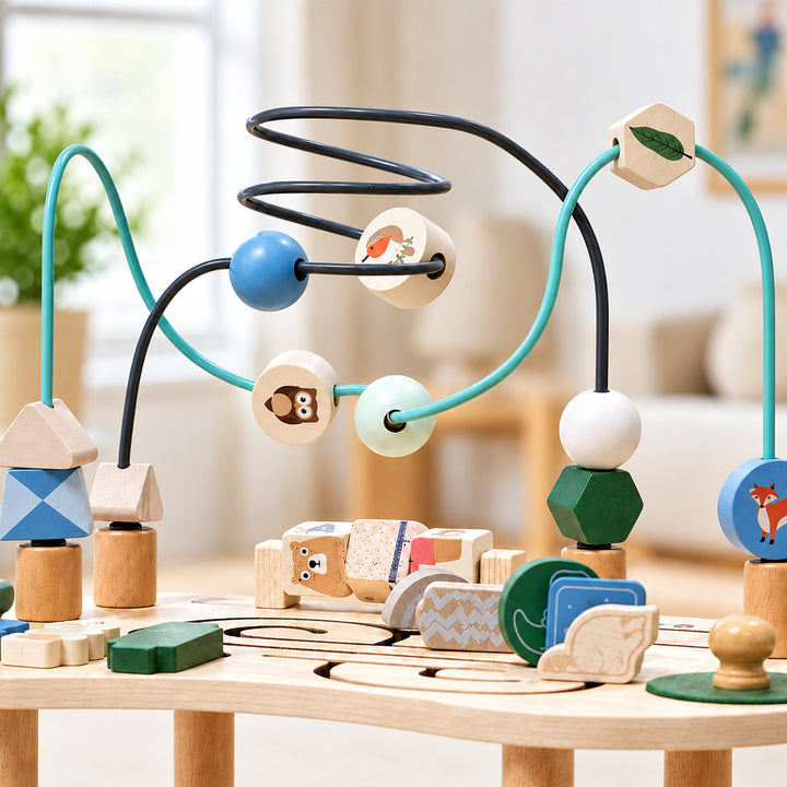 Close-up of curved bead tracks, wooden letter blocks, and animal-shaped pieces on the activity table
