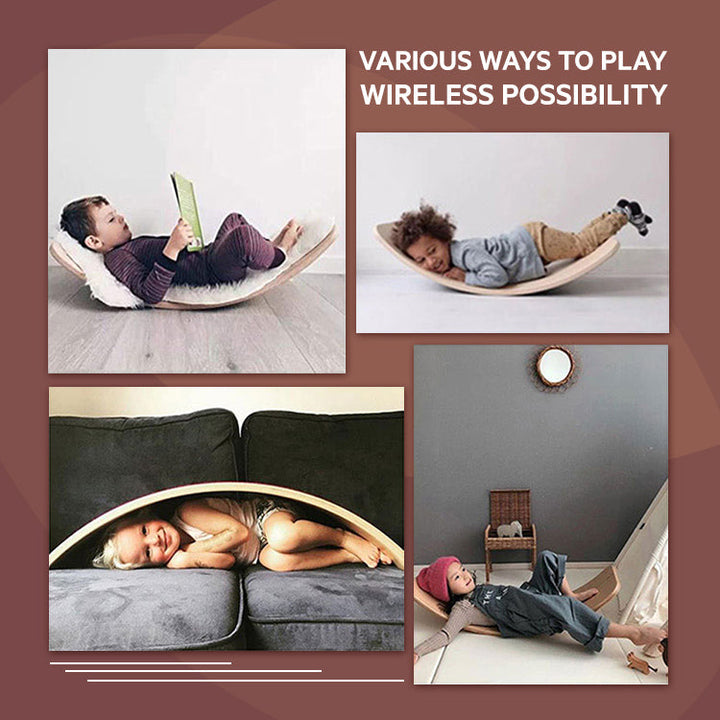 Children reading, resting, and playing in different positions on a curved wooden board