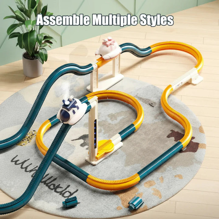 Teal and yellow track arranged with curves, elevated sections, and two airplane-style vehicles