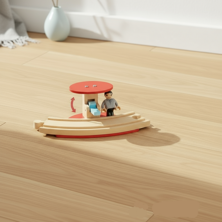 Curved wooden track piece with a round red roof and a figure