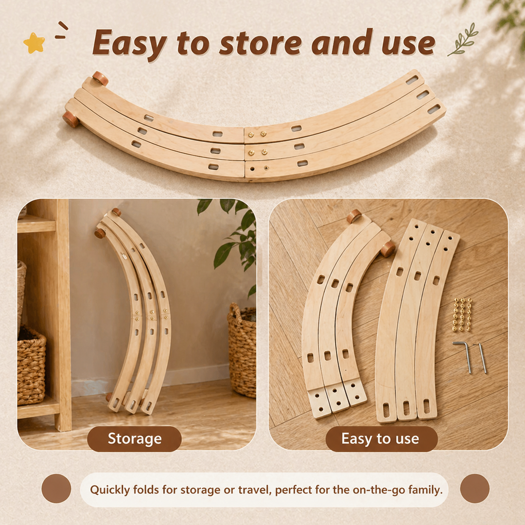 Curved wooden baby gym sections shown stacked together and stored upright.