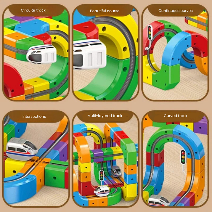 Six train track examples showing curves, intersections, and multi-level routes