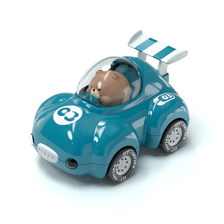 Cyan toy race car with bear driver, clear canopy and cyan-striped rear spoiler