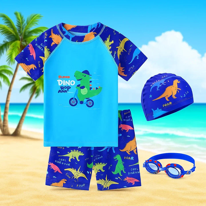 Cycling dinosaur swim shirt and shorts with a matching cap and blue goggles
