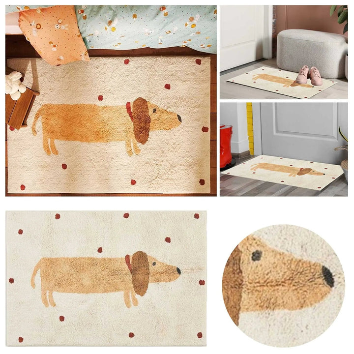 Dachshund rug beside a bed and at doorways, with a close-up of the textured dog design