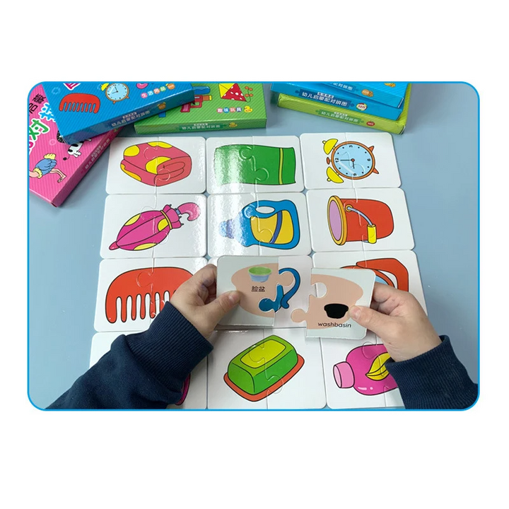 Daily life puzzle cards with a clock, comb, and mugs, with hands holding two pieces