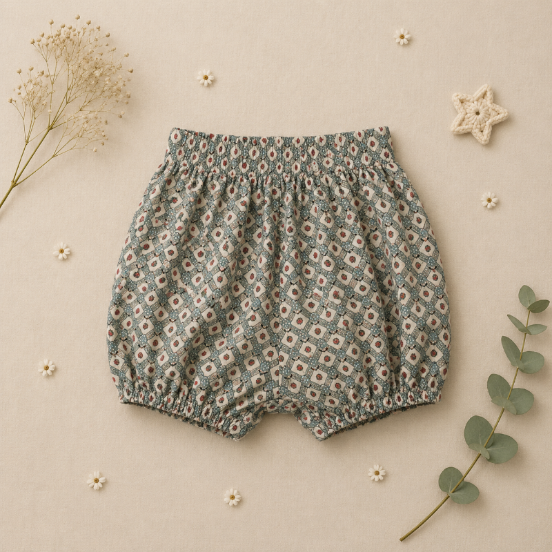 Daisy-print bloomers with a gathered elastic waist and elastic leg openings