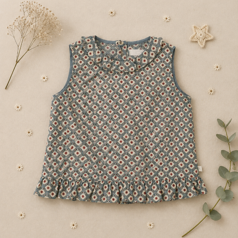 Back of the daisy-print blouse showing button closures and a ruffled hem
