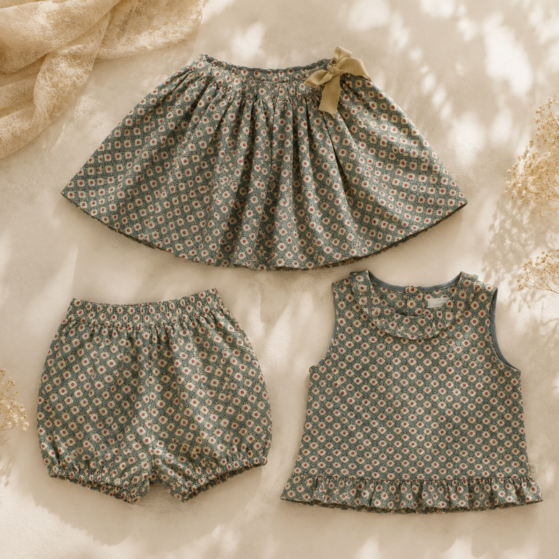 Coordinating daisy-print blouse, bloomers, and bow-accent skirt arranged on light fabric