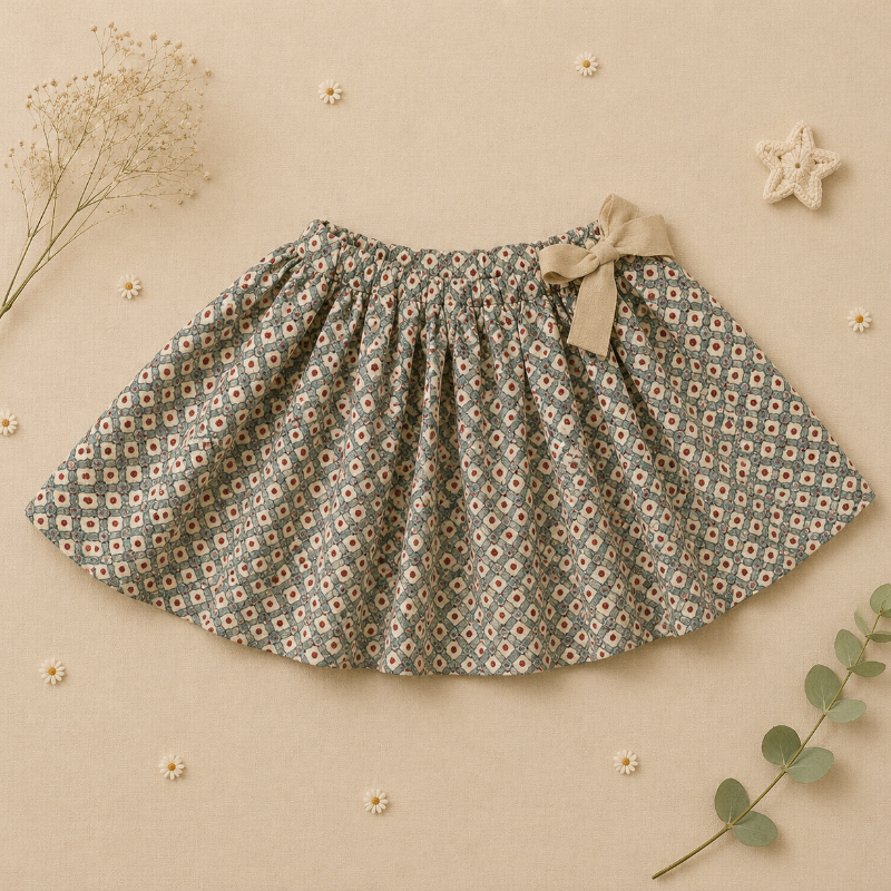 Daisy-print skirt with a gathered waist and beige bow laid flat