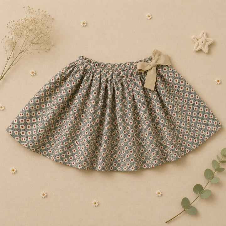 Daisy-print skirt with a gathered waist and beige bow laid flat
