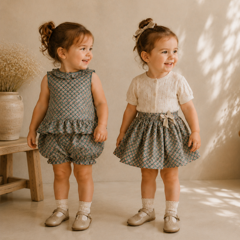 Two children wearing daisy-print separates, one with bloomers and one with a skirt