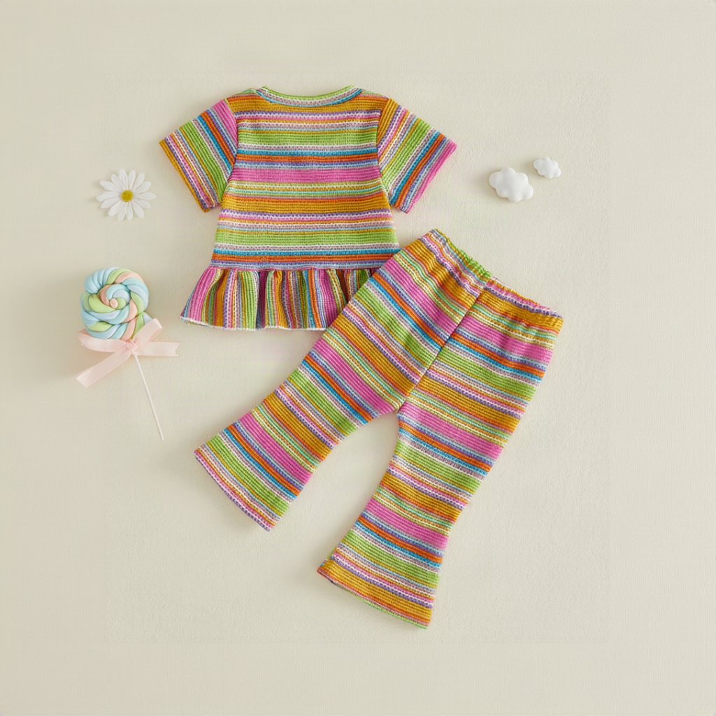 Back view of the multicolor striped short-sleeve top and matching flared pants.