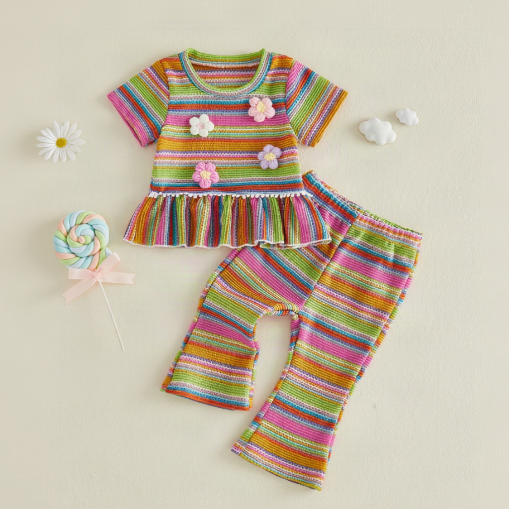 Multicolor striped two-piece outfit with raised flowers, a ruffled top, and flared pants laid flat.