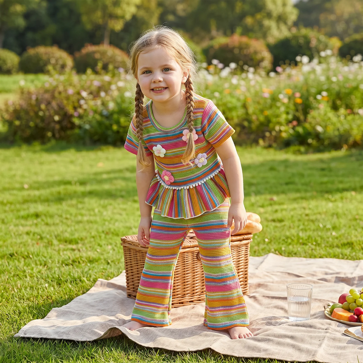 Child wearing the striped flower-detail top and flared pants on a picnic blanket in a garden.