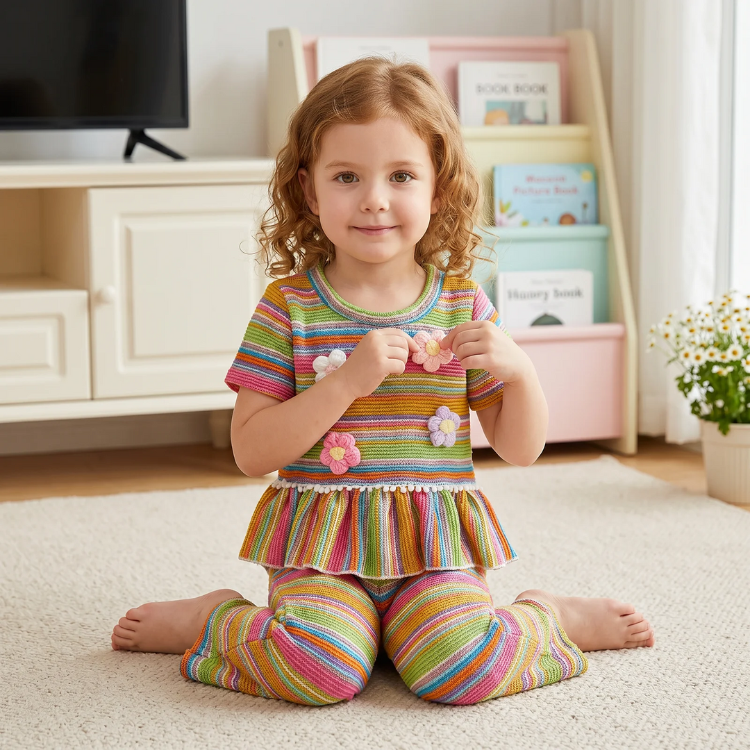 Child seated indoors wearing the multicolor striped top with raised flowers and matching flared pants.
