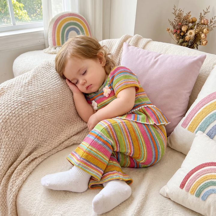 Child resting on a sofa in the striped flower-detail top and matching pants.