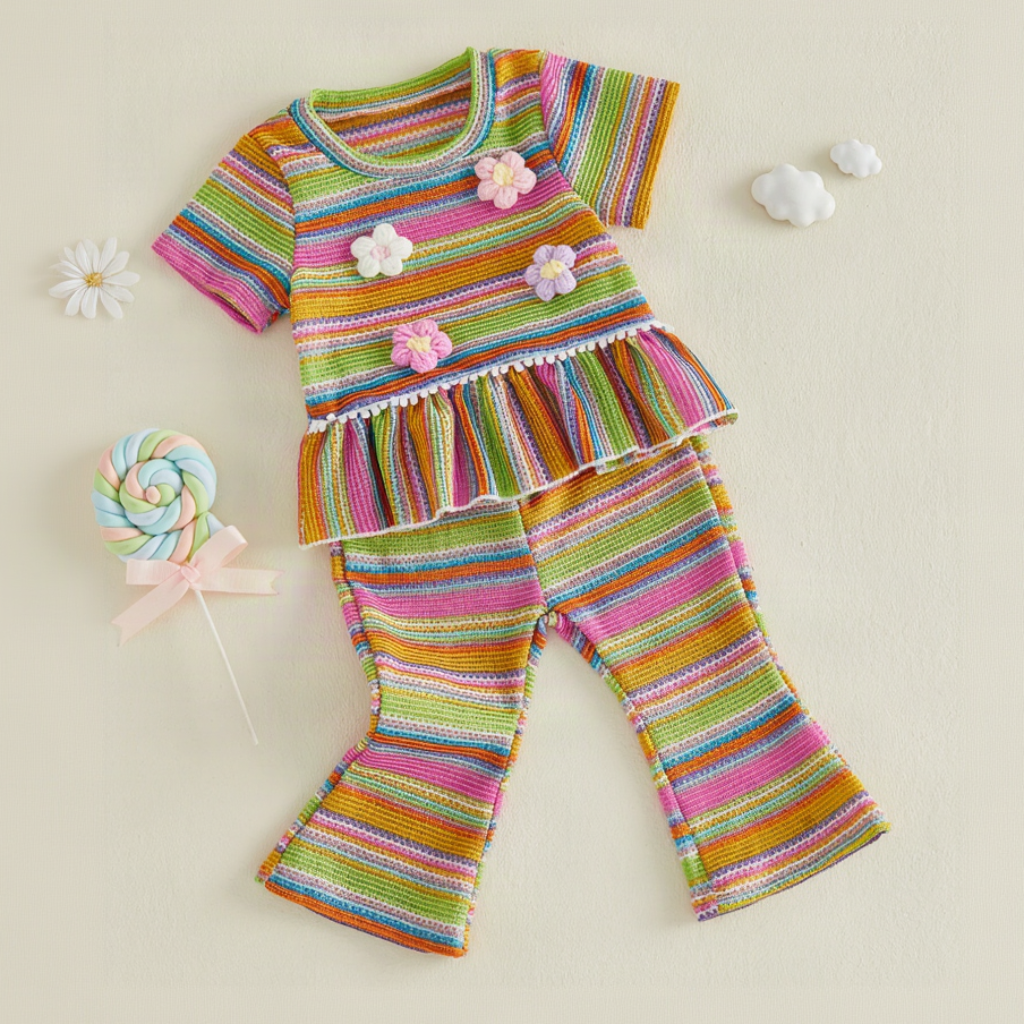 Front view of the striped flower top with a ruffled hem and matching flared pants.