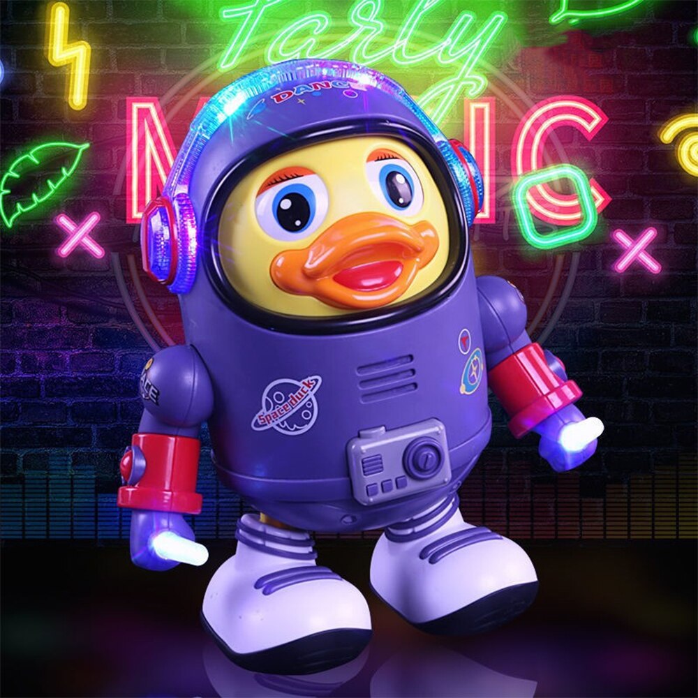 Dancing astronaut duck toy with illuminated helmet and hands against a neon backdrop
