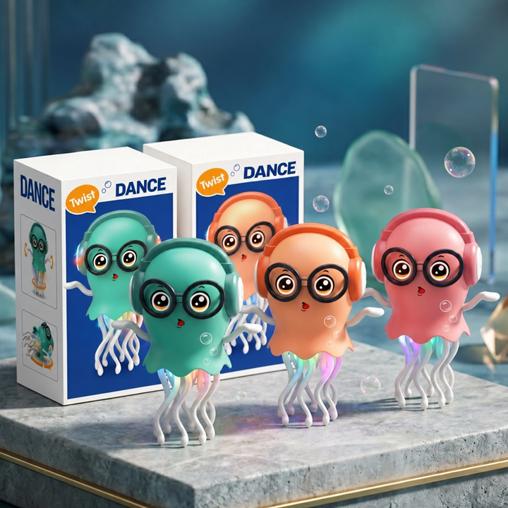 Green, peach, and pink dancing jellyfish toys with glasses, headphones, and retail boxes