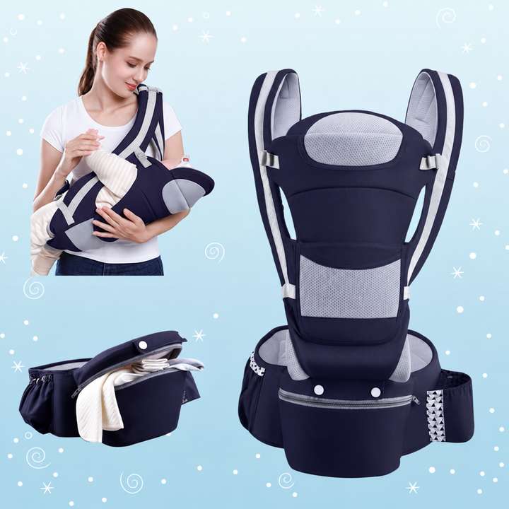 Dark blue baby carrier with gray mesh panels, hip seat storage, and a carrying demonstration