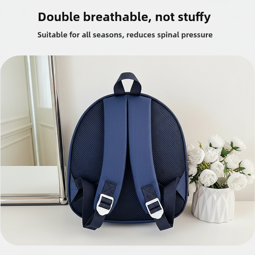 Back of a dark blue backpack showing mesh panels and adjustable shoulder straps