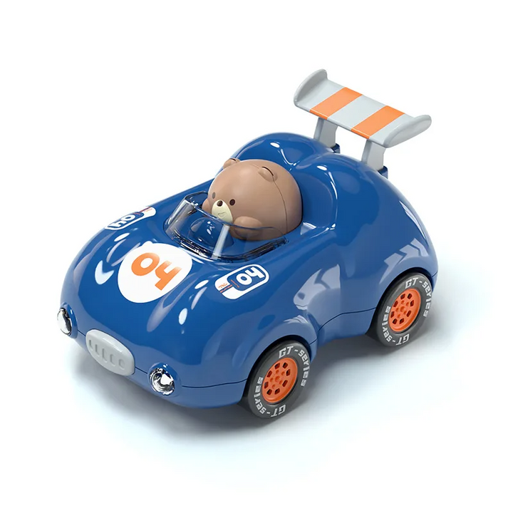 Dark blue toy race car with bear driver, orange wheel centers and striped rear spoiler